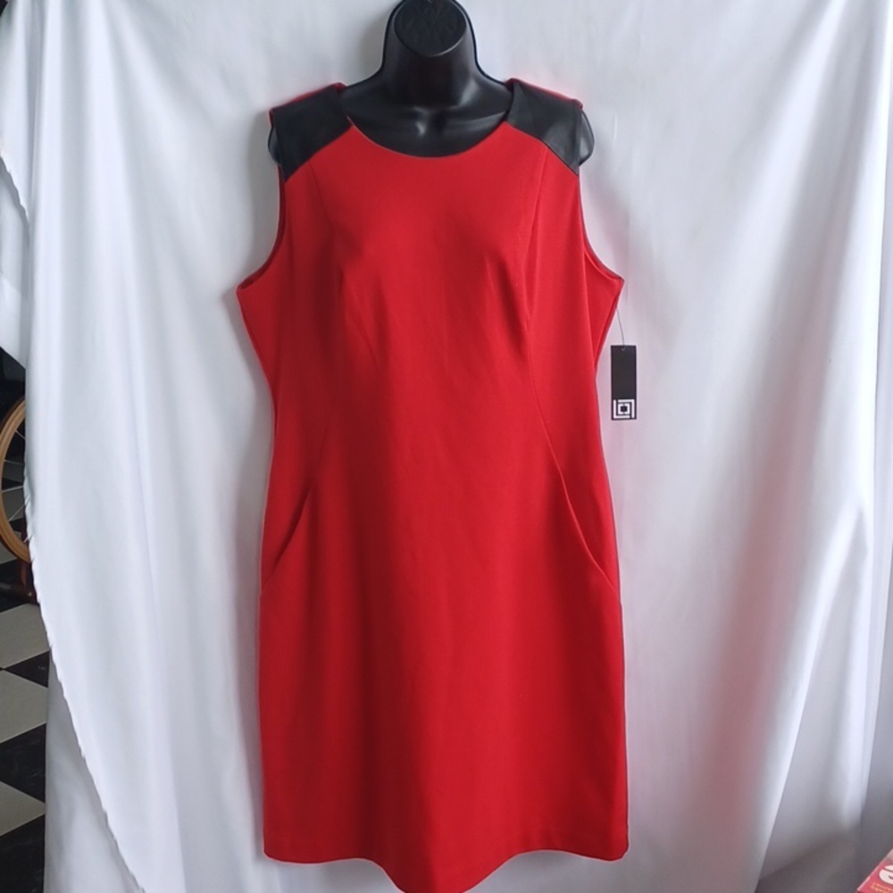 Liz Claiborne red dress, Faux Leather Trim, Sz XL, Pockets